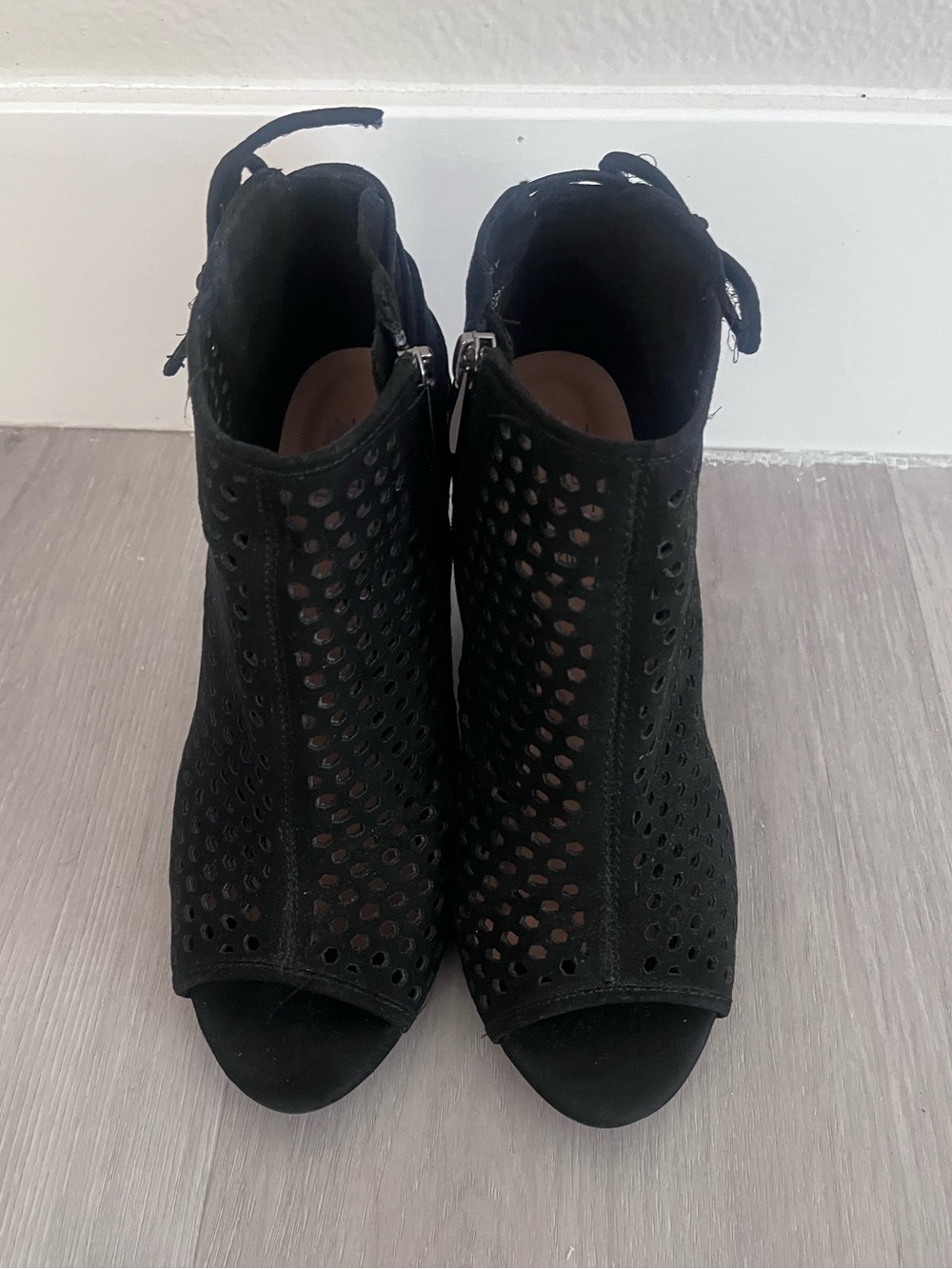 Jessica Cline faux suede peep toe booties